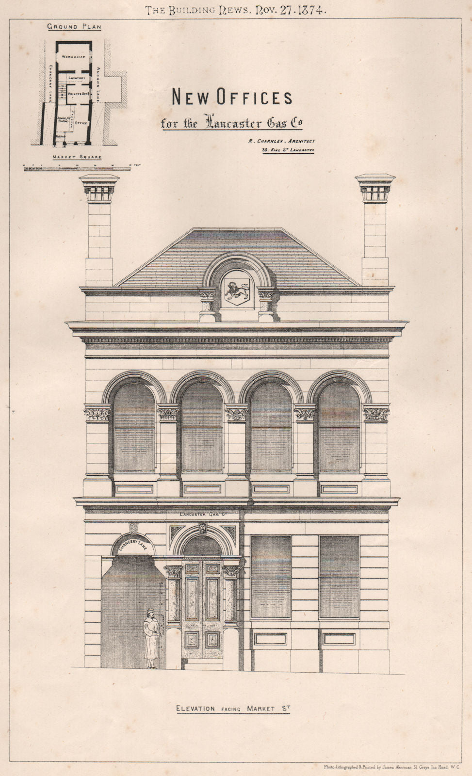 Lancaster Gas Company office; R. Charnley Architect; 39 King St. Lancaster 1874